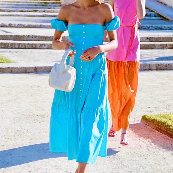 🌺🎉HP🎉🌺 NWT Staud Elio Off-The-Shoulder Midi Dress Bright Blue - Picture 4 of 16